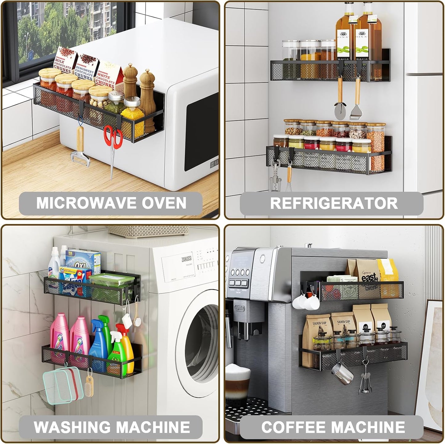 Magnetic Spice Rack for Refrigerator,  2 Pack Magnetic Shelf, Fridge Magnet Organizer with Moveable 4 Hooks, Magnetic Fridge Shelf for Kitchen Organization and Storage (2 Pack)